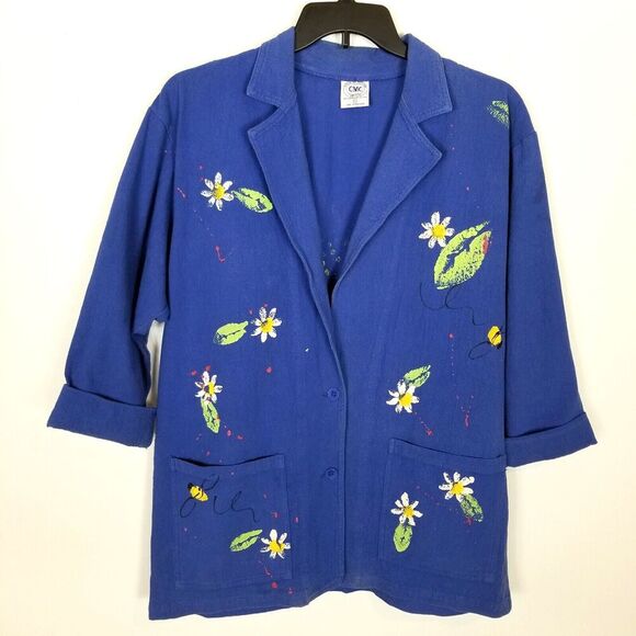 CMC Color Me Cotton Painted Floral Blazer Jacket Sz M Blue Button Up Artsy USA - Picture 1 of 7